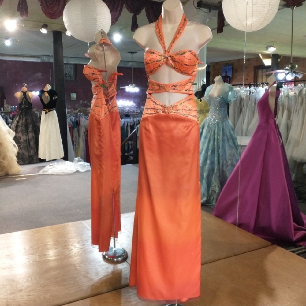 Excite Dress Y2K Rare Vintage Cut Out Sequined Halter Neck Orange Size 8 - Picture 3 of 17